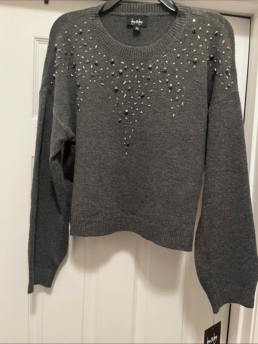 Charcoal Embellished Crewneck Sweater - Women's